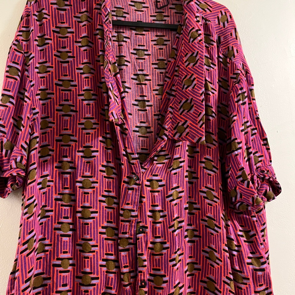 Zara Pink and Brown Geometric Button Down Shirt